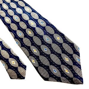 Albert Nipon Blue‎ Beige Tan Geometric Jacquard Print Short Wide Silk Tie